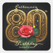 Sierlijke Rode Roos en Gouden Filigraan 80e Verjaa Vierkante Sticker (Voorkant)