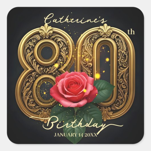 Sierlijke Rode Roos en Gouden Filigraan 80e Verjaa Vierkante Sticker (Voorkant)