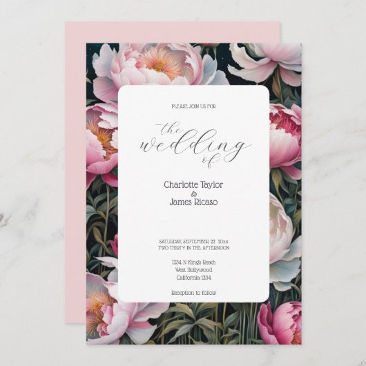 Sierlijke Roze en Witte Pioenrozen Bruiloft Kaart (Voorkant / Achterkant)