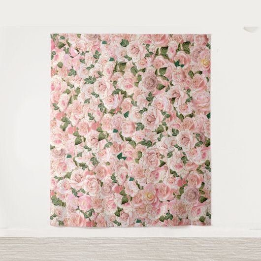 Sierlijke Roze Gouden Glam Roos Botanisch Wandkleed (Voorkant)