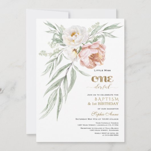 Sierlijke Stof Roze Bloemen Eerste Verjaardag & Do Kaart (Voorkant)