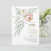 Sierlijke Stof Roze Bloemen Eerste Verjaardag & Do Kaart (Staand voorkant)