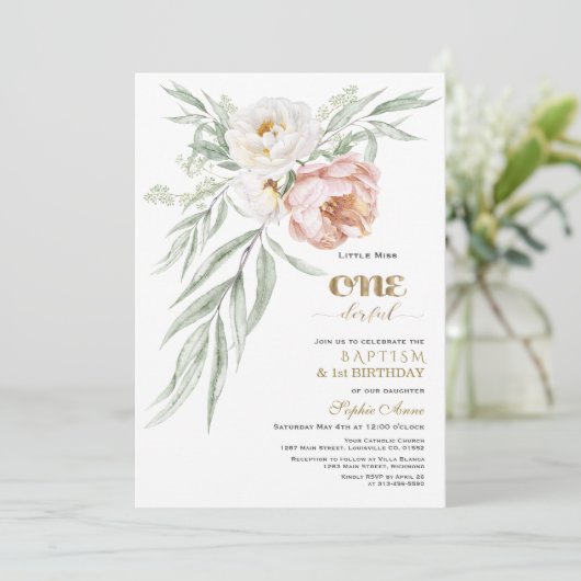 Sierlijke Stof Roze Bloemen Eerste Verjaardag & Do Kaart (Staand voorkant)