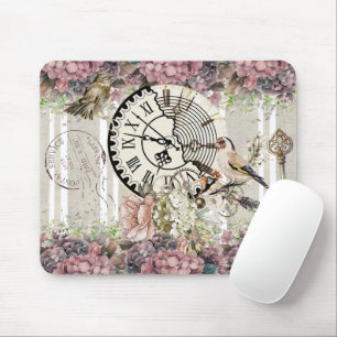 Sierlijke vintage klok Bloemen en vogels roze Muismat