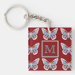 Sierlijke Vlinders Bourgondië Patroon Monogram Sleutelhanger