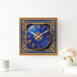 Sierlijke wandklok goud kobaltblauw vierkante klok
