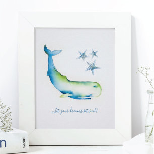 Sierlijke wandkunst aquarel blauwe walvis poster