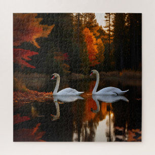 Sierlijke witte zwanen glijden over herfstvijver legpuzzel