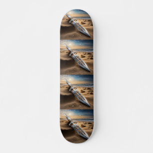 Sierlijke zilveren dolk op het strand bij zonsonde skateboard