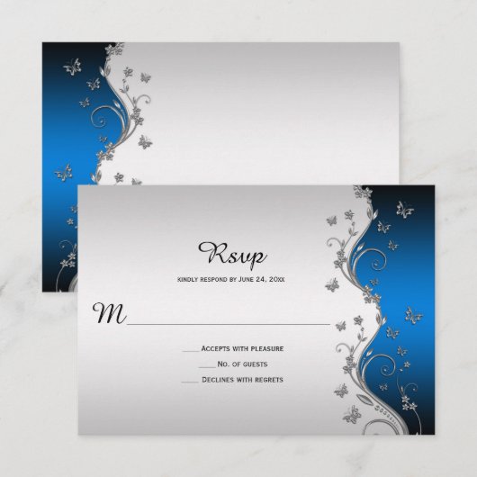 Sierlijke zilveren vlinders op een blause verloop RSVP kaartje (Voorkant / Achterkant)