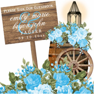 Sign Guestbook - Hout and Baby Blue Flowers Staand Fotobeeldje