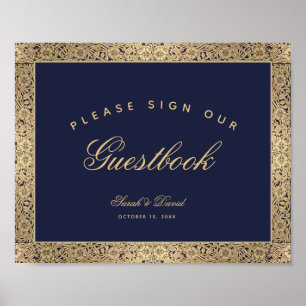 Sign Guestbook Navy Blue Gold Rozen Weddenschap Poster