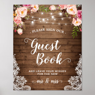 Sign Guestbook Rustic Floral String Lights Lace Poster