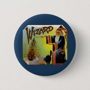  signaallabel, magische wizard met zwart katje ronde button 5,7 cm