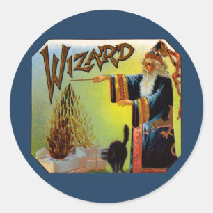 signaallabel, magische wizard met zwart katje ronde sticker
