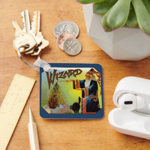 signaallabel, magische wizard met zwart katje sleutelhanger