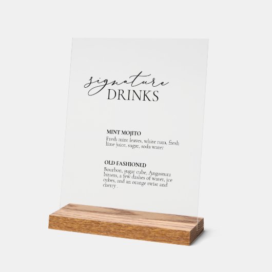 Signature Boissons Mariage Bar Signal acrylique (Angle)