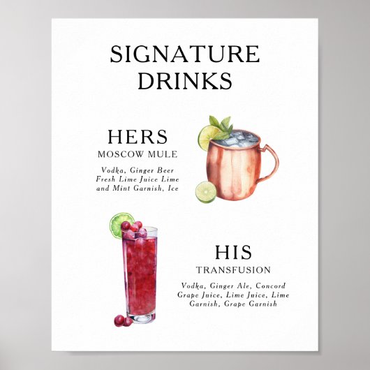 Signature Boissons Mariage Cocktail Menu Poster (Devant)