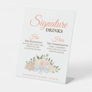 Signature Drinken Coral Peach Rozen Bruiloft Reclamebord Met Voetstuk