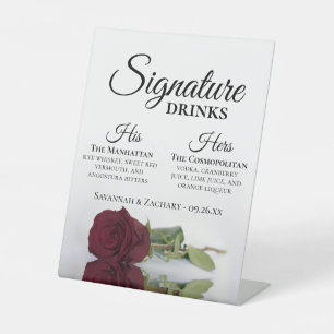 Signature Drinken Elegant Bourgondië Roos Bruiloft Reclamebord Met Voetstuk