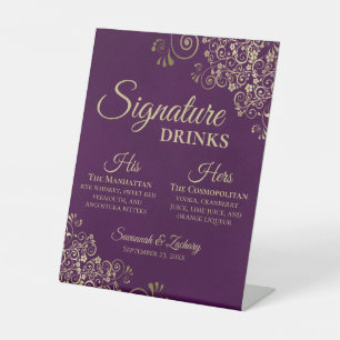 Signature Drinken Plum Paarse & Gold Wedding Bar Reclamebord Met Voetstuk