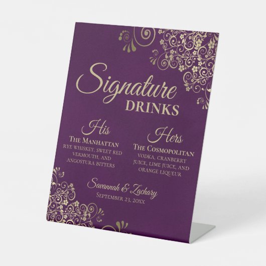 Signature Drinken Plum Paarse & Gold Wedding Bar Reclamebord Met Voetstuk (Voorkant)