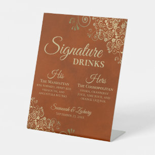 Signature Drinken Rust Sinaasappel & Gold Wedding  Reclamebord Met Voetstuk