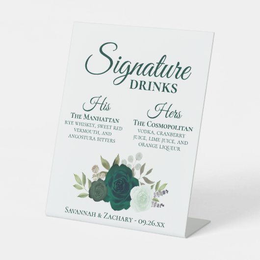 Signature Drinken Smaragd Groene Rozen Bruiloft Reclamebord Met Voetstuk (Voorkant)