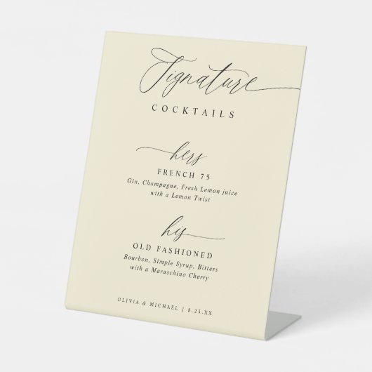 Signature Drinks Elegant Modern Cream Wedding Reclamebord Met Voetstuk (Voorkant)