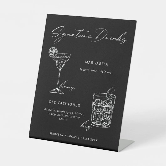 Signature Drinks Minimalist Black & White Reclamebord Met Voetstuk (Voorkant)
