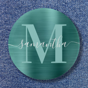 Signature Monogram Aqua Blauwgroen Shimmer Folie Ronde Button 5,7 Cm