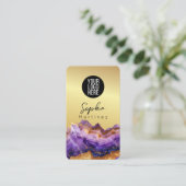 Signature Purple Agate gold marble & QR Code Logo Visitekaartje (Staand voorkant)