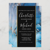 Signature Script Black and Gold Blue Agate Wedding Kaart (Voorkant / Achterkant)