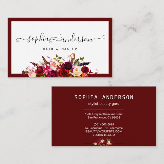 Signature Script & Elegant Burgundy Floral Rozen Visitekaartje (Voorkant / Achterkant)