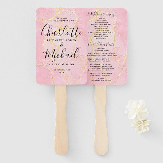 Signature Script Pink Gold Marble Wedding Program Handwaaier (Voorkant en achterkant)