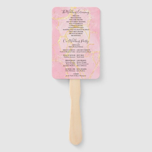 Signature Script Pink Gold Marble Wedding Program Handwaaier (Achterkant)