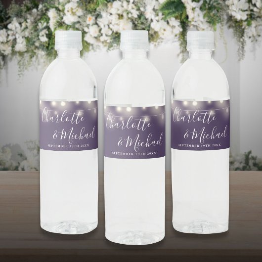 Signature Script String Lights Paarse bruiloft Waterfles Etiket