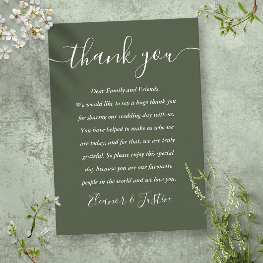 Signature Script Weddenschap Olive Green Bedankt Plaatskaartje