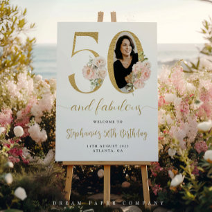 Signe de bienvenue 50e anniversaire Fleurs Rose Bl