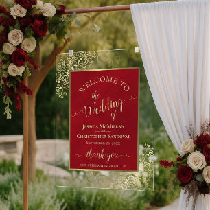 Signe de bienvenue de mariage élégant rouge cramoi