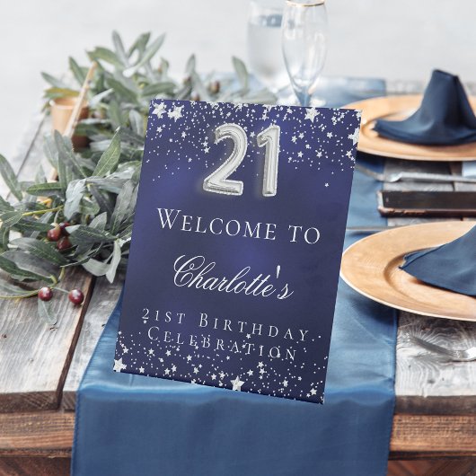Signe De Table 21e anniversaire bleu argent étoiles bienvenue