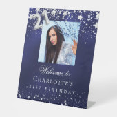 Signe De Table 21e anniversaire bleu argent étoiles photo bienven (Recto)