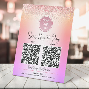 Signe De Table 2 Code QR Logo Paillettes Rose Ombre Arc-en-Ciel P