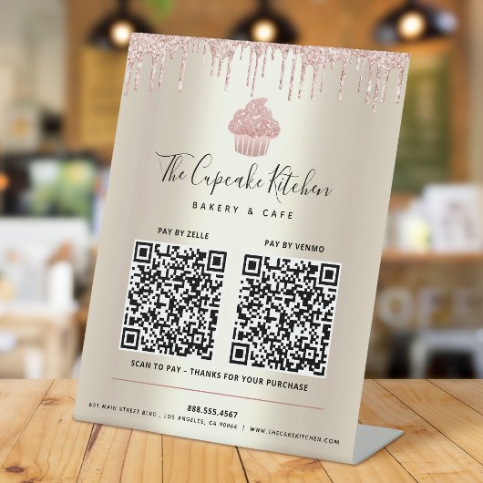 Signe De Table 2 Code QR Paie ici Cupcake Rose Pailleté Drips Or