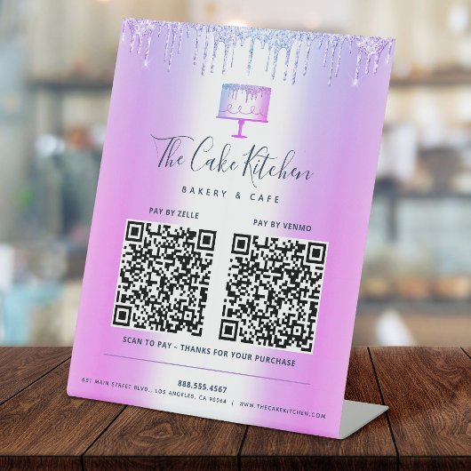 Signe De Table 2 Code QR Paiement ici Bakery Gâteau Violet Glitte