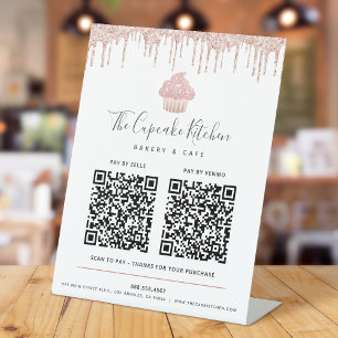 Signe De Table 2 Code QR Paiement Ici Cupcake Pailleté Rose Gold 