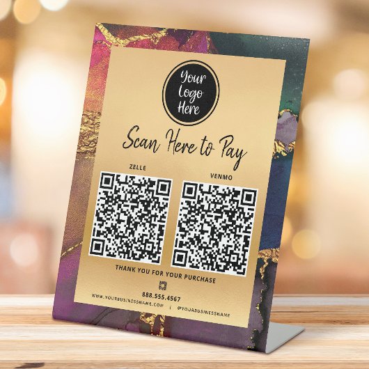 Signe De Table 2 Code QR Paiement ici Logo Or Pourpre Bleu Agate