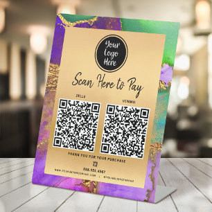 Signe De Table 2 Code QR Paiement Ici Logo Or Violet Vert Agate