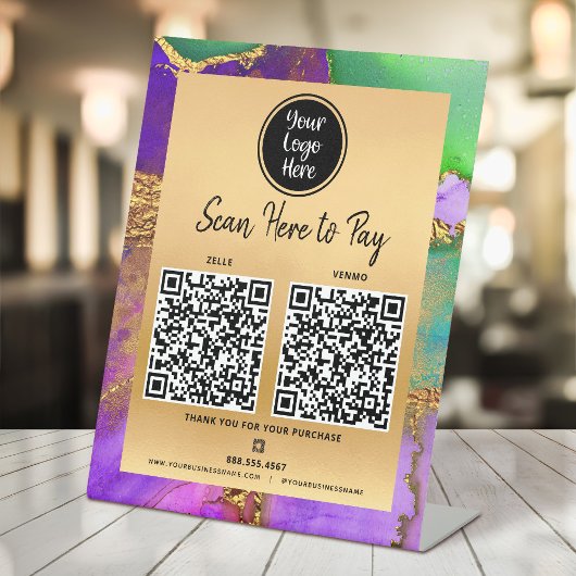 Signe De Table 2 Code QR Paiement Ici Logo Or Violet Vert Agate