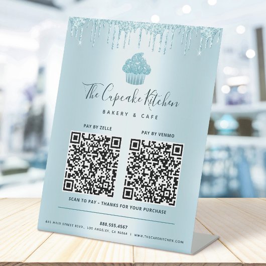 Signe De Table 2 Code QR Payer ici Cupcake Bleu Pailleté Boulange